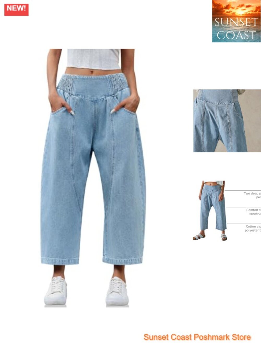 Women's Wide Leg Cropped Baggy Denim Jeans Mid Rise